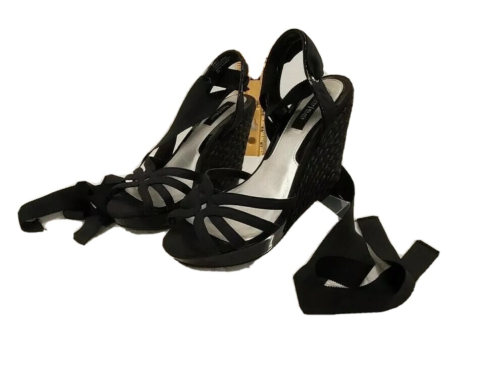 white wedges with ribbon tie